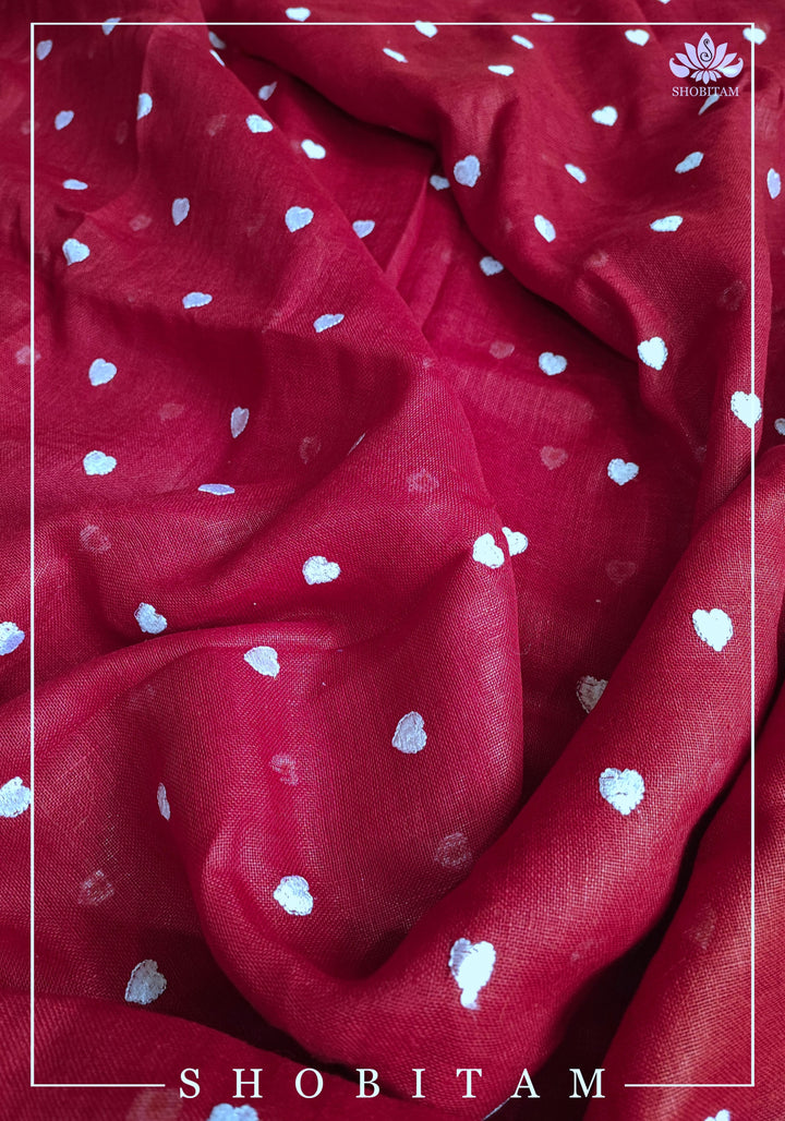 Loving Hearts Embroidered Cherry Plum Pure Tone Linen Saree