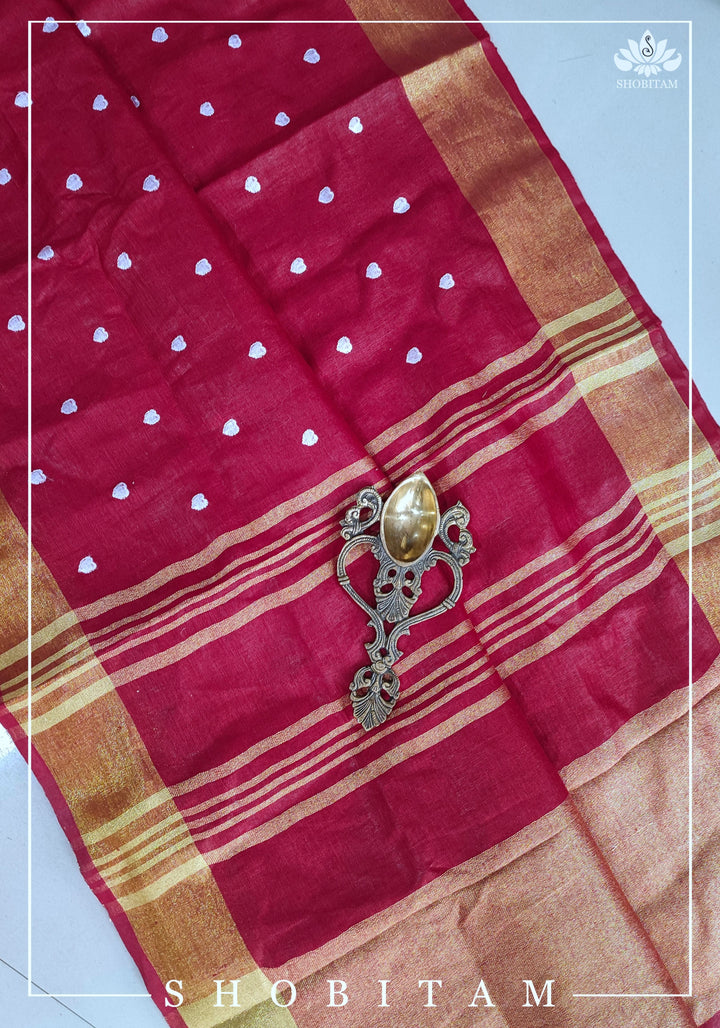 Loving Hearts Embroidered Cherry Plum Pure Tone Linen Saree