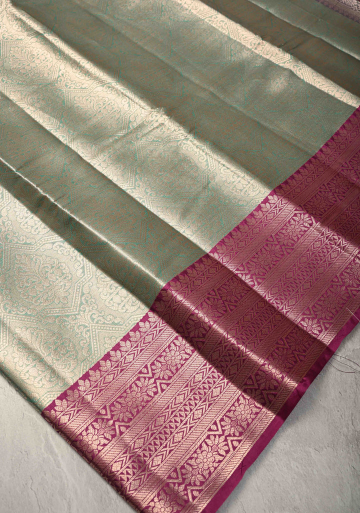 Green Kanjivaram Tissue Semi Silk Saree with Brocade and Contrast Zari Border