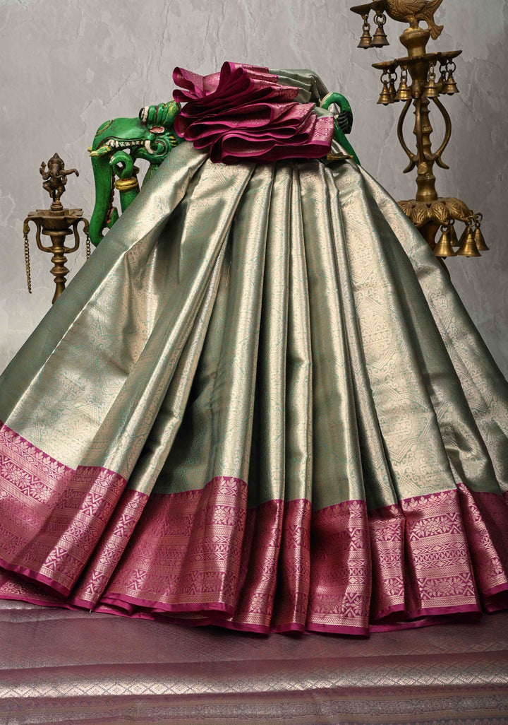 Green Kanjivaram Tissue Semi Silk Saree with Brocade and Contrast Zari Border