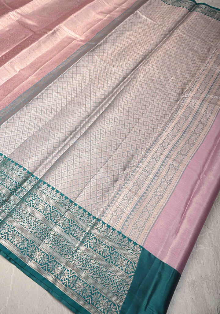 Pink Kanjivaram Tissue Semi Silk Saree with Brocade and Contrast Zari Border