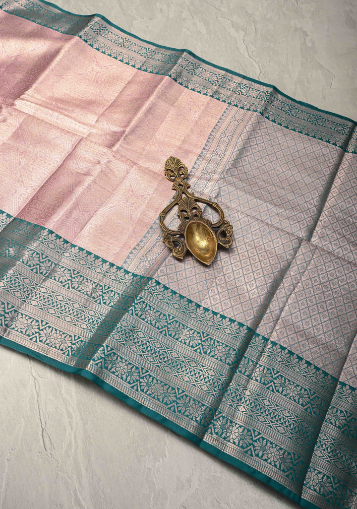 Pink Kanjivaram Tissue Semi Silk Saree with Brocade and Contrast Zari Border