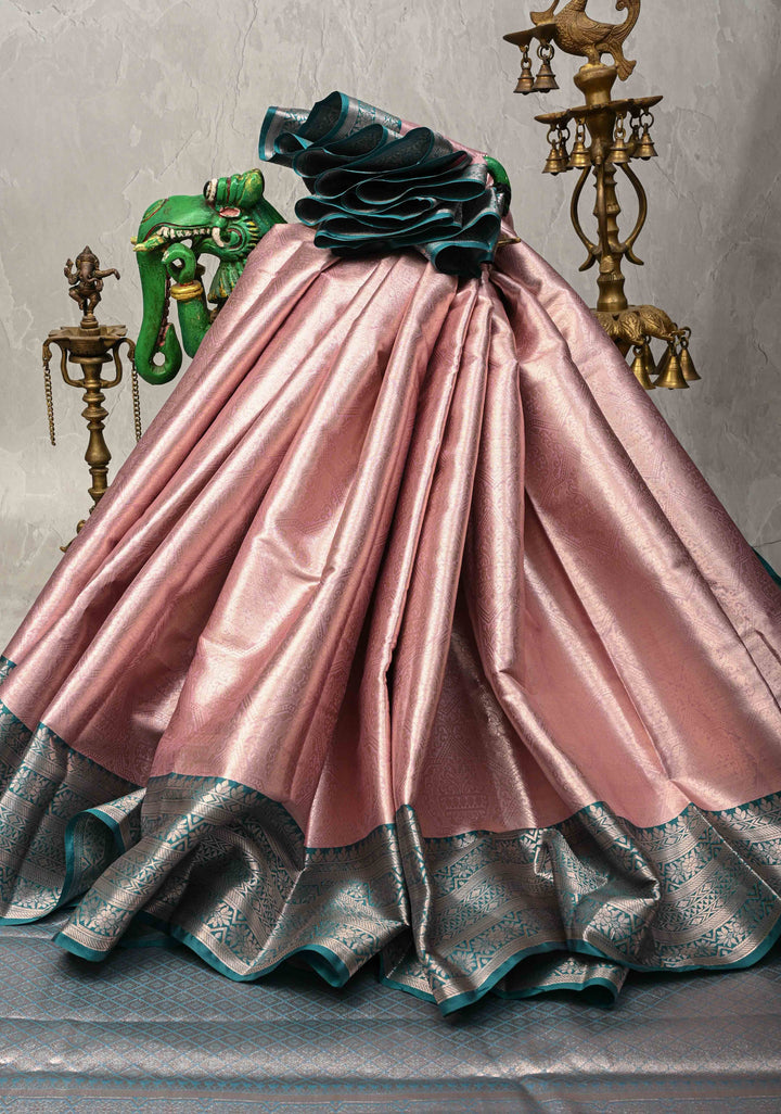 Pink Kanjivaram Tissue Semi Silk Saree with Brocade and Contrast Zari Border