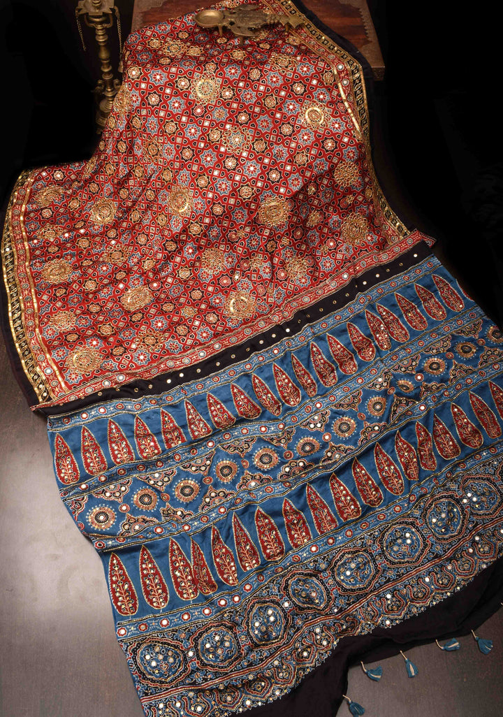 Handwork Highlights on Red Modal Ajrakh Hand Block Print Silk Saree