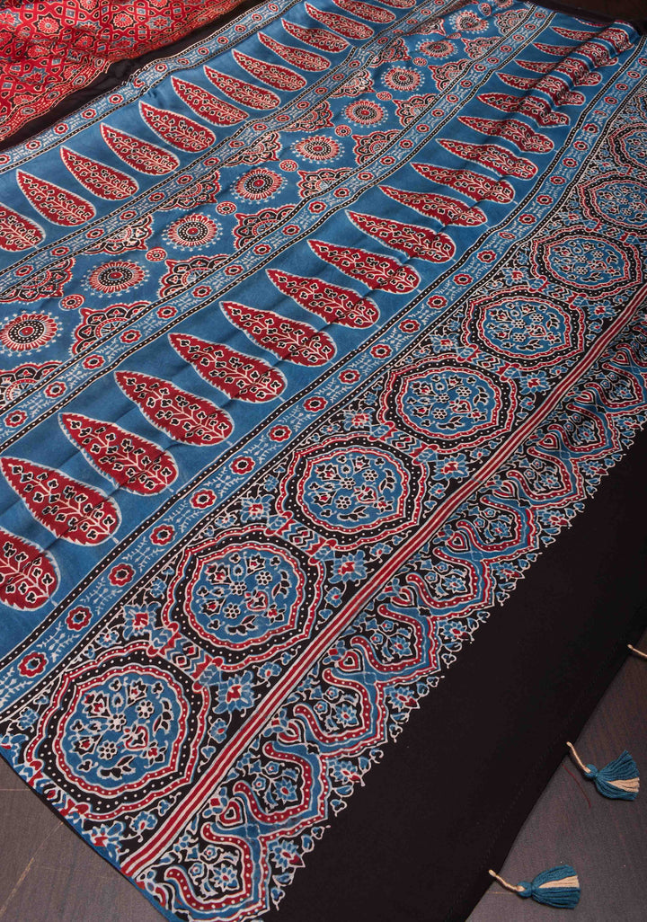 Handwork Highlights on Red Modal Ajrakh Hand Block Print Silk Saree