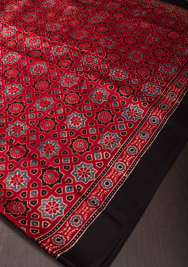 Handwork Highlights on Red Modal Ajrakh Hand Block Print Silk Saree