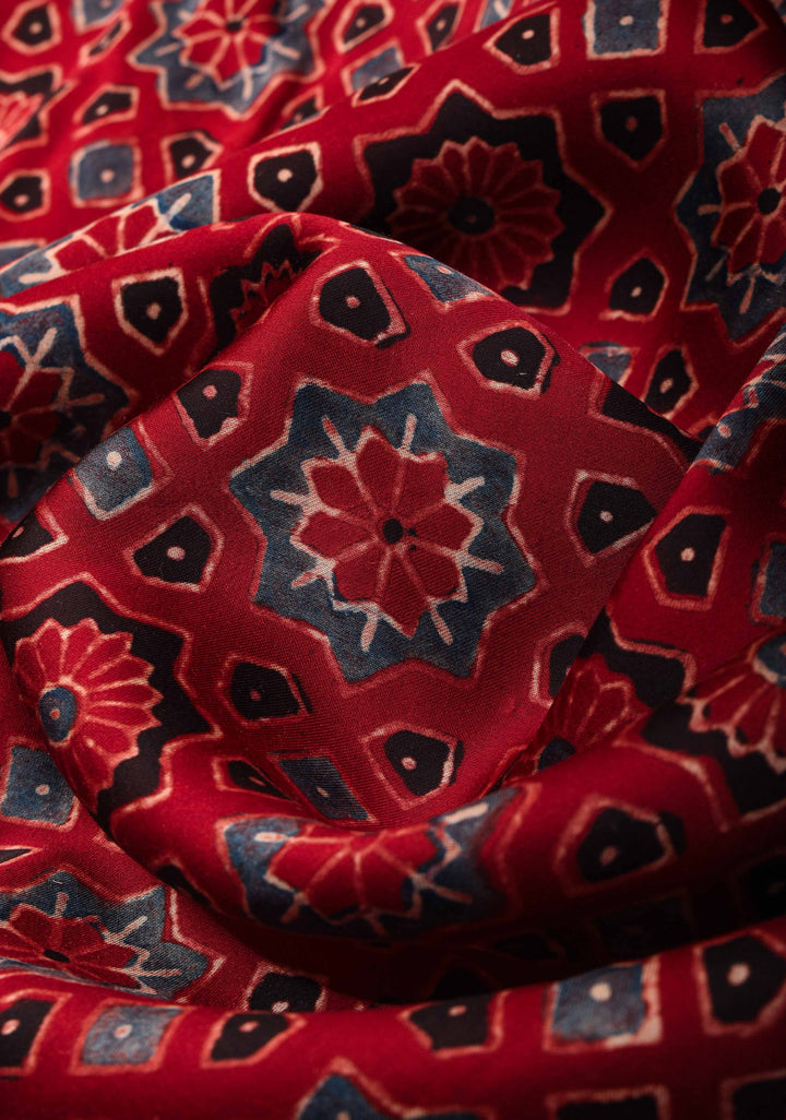 Handwork Highlights on Red Modal Ajrakh Hand Block Print Silk Saree