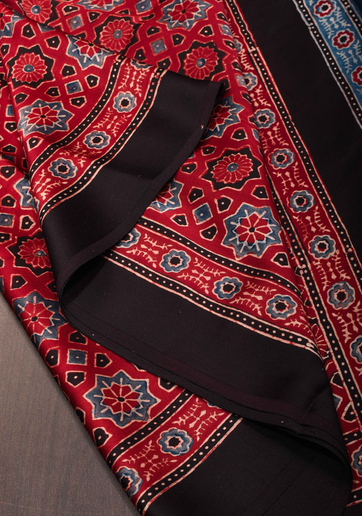 Handwork Highlights on Red Modal Ajrakh Hand Block Print Silk Saree