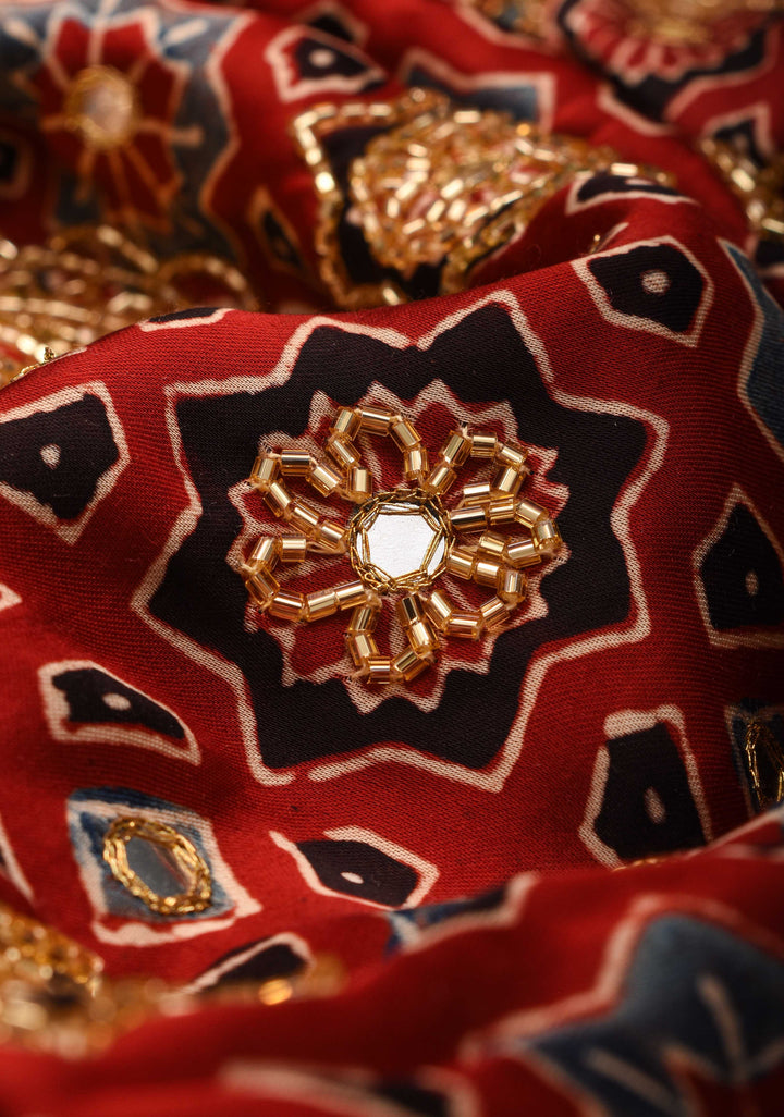 Handwork Highlights on Red Modal Ajrakh Hand Block Print Silk Saree