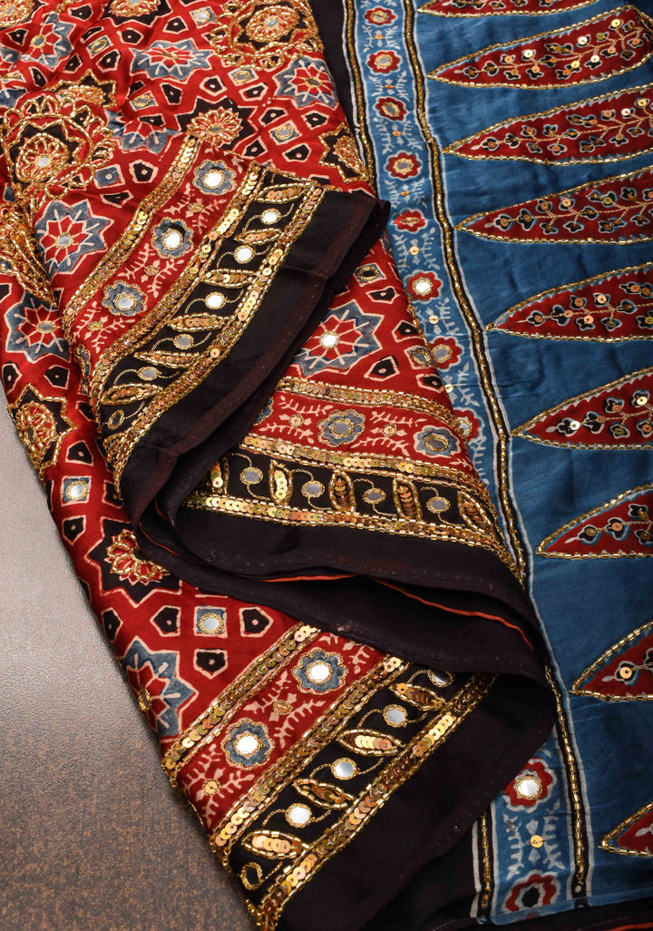 Handwork Highlights on Red Modal Ajrakh Hand Block Print Silk Saree