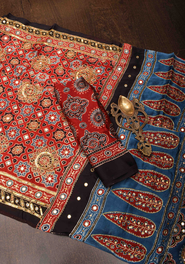 Handwork Highlights on Red Modal Ajrakh Hand Block Print Silk Saree