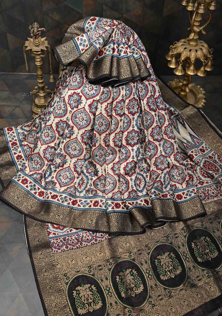 Beige Ajrakh Hand Block Print on Dola Silk Saree with Fancy Zari Border