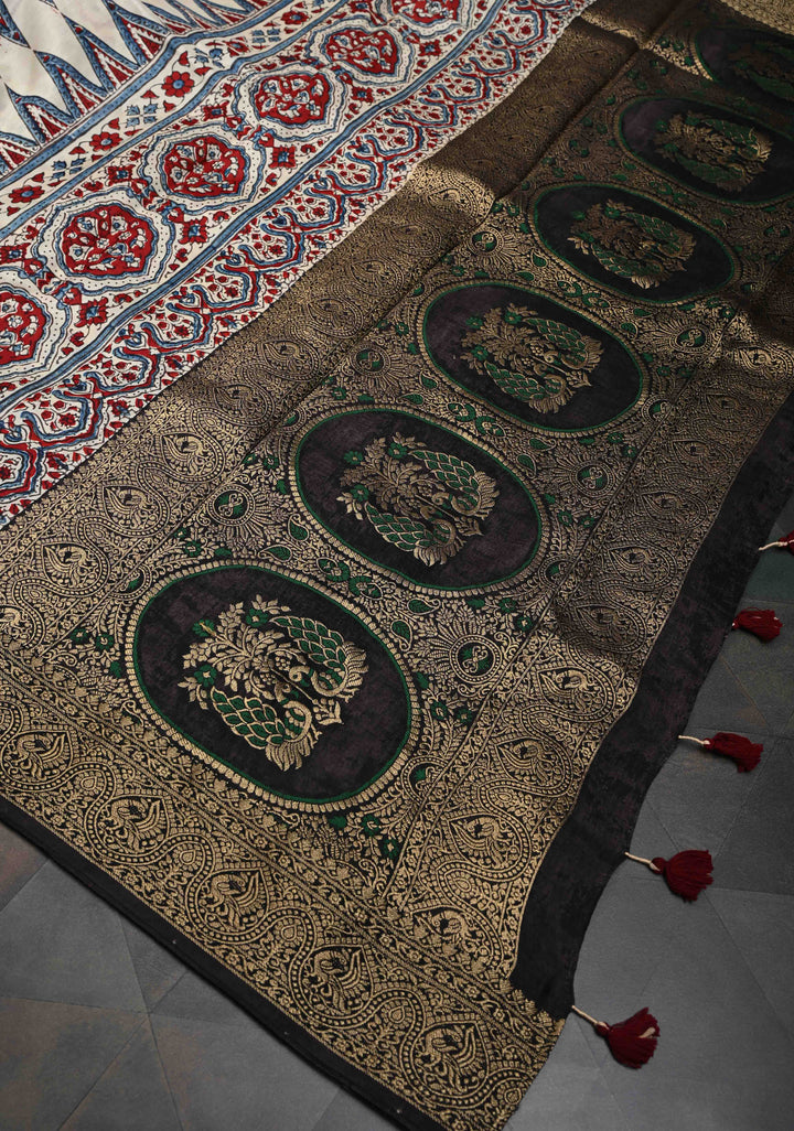 Beige Ajrakh Hand Block Print on Dola Silk Saree with Fancy Zari Border