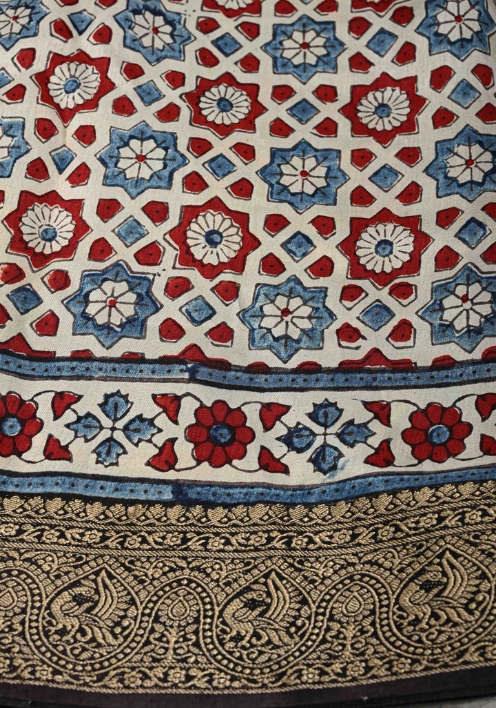 Beige Ajrakh Hand Block Print on Dola Silk Saree with Fancy Zari Border