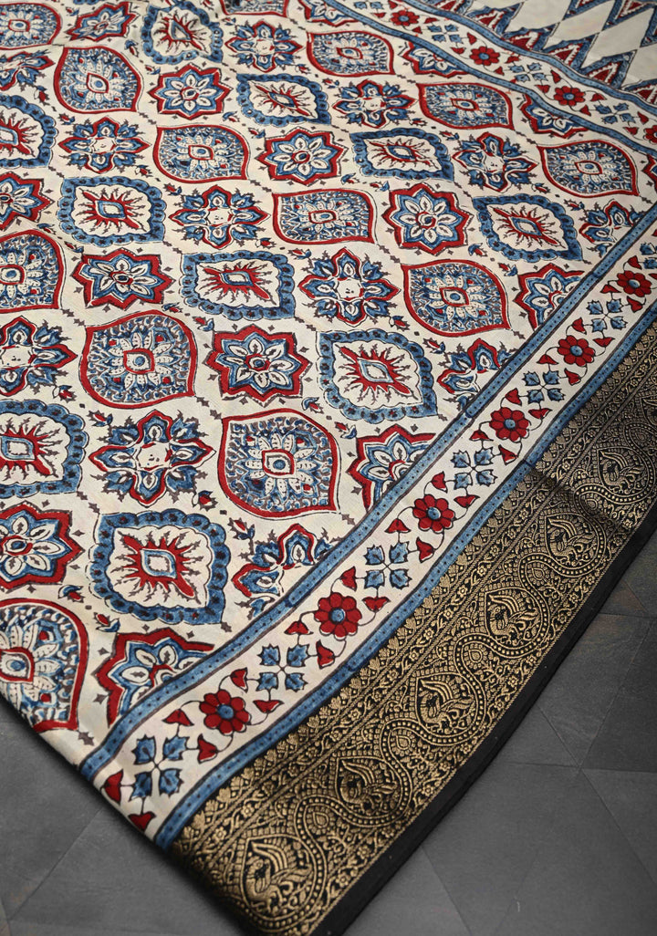 Beige Ajrakh Hand Block Print on Dola Silk Saree with Fancy Zari Border