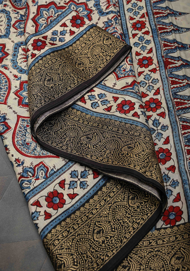 Beige Ajrakh Hand Block Print on Dola Silk Saree with Fancy Zari Border