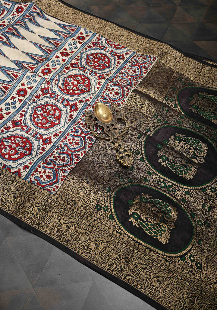 Beige Ajrakh Hand Block Print on Dola Silk Saree with Fancy Zari Border