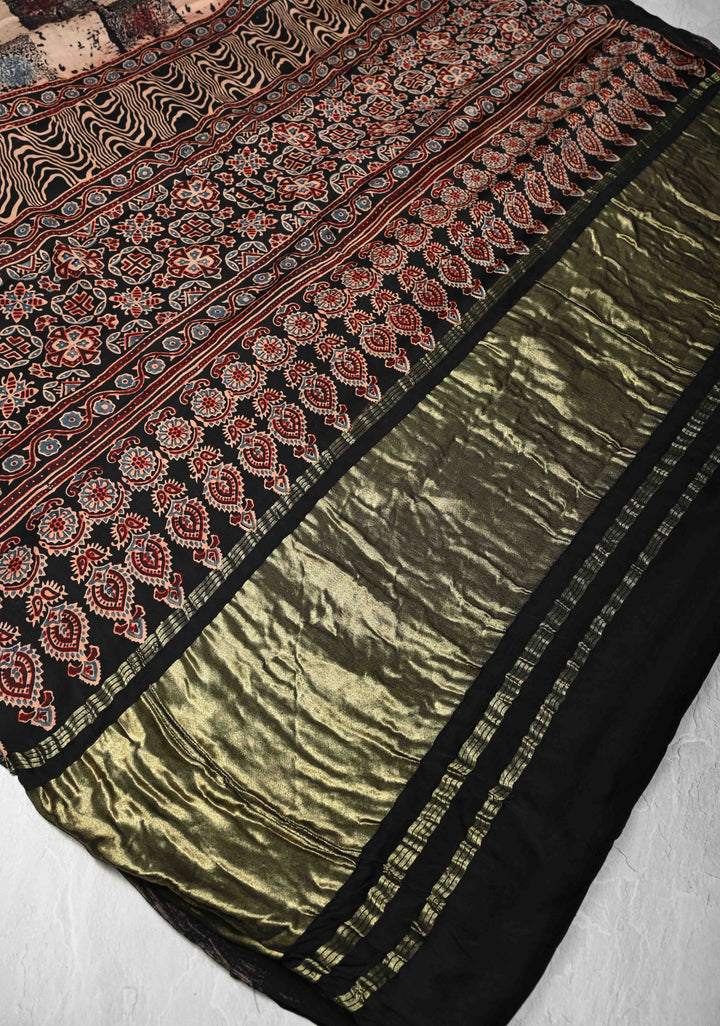 Black Modal Silk Saree with Ajrakh Hand Block Print and Crushed Pallu