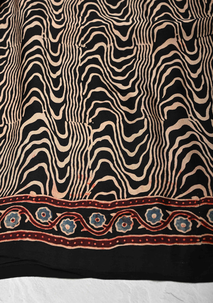 Black Modal Silk Saree with Ajrakh Hand Block Print and Crushed Pallu