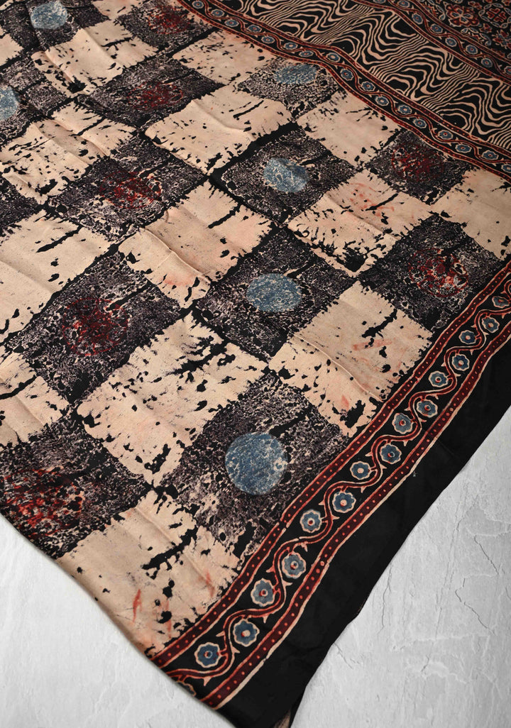 Black Modal Silk Saree with Ajrakh Hand Block Print and Crushed Pallu