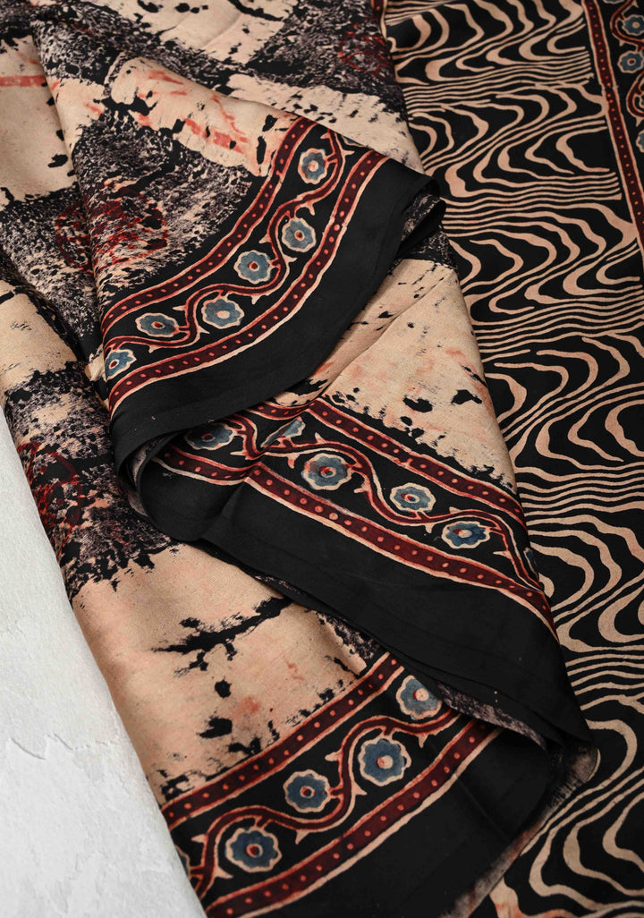Black Modal Silk Saree with Ajrakh Hand Block Print and Crushed Pallu