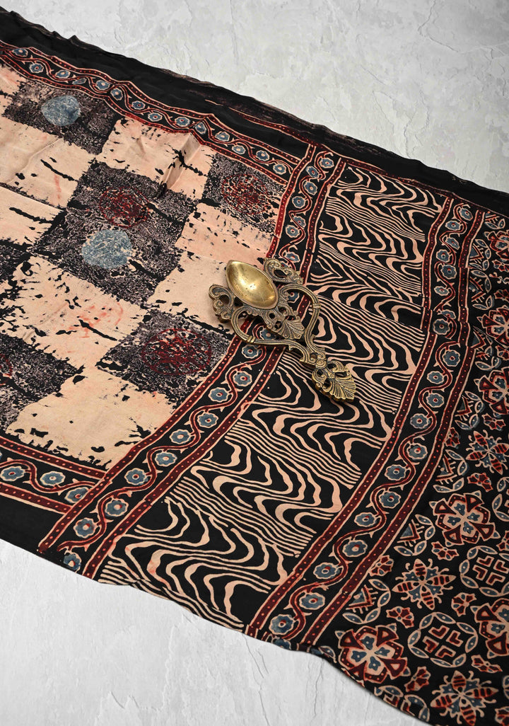 Black Modal Silk Saree with Ajrakh Hand Block Print and Crushed Pallu