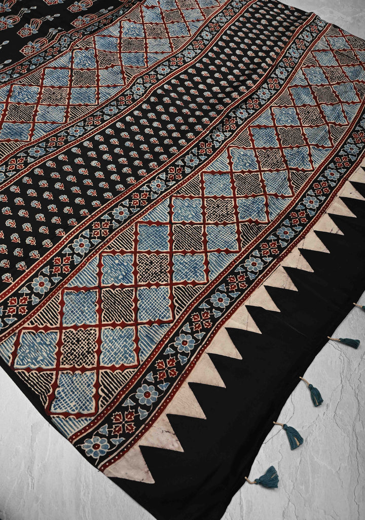 Black Modal Silk Saree with Ajrakh Hand Block Print
