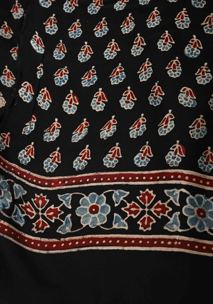 Black Modal Silk Saree with Ajrakh Hand Block Print