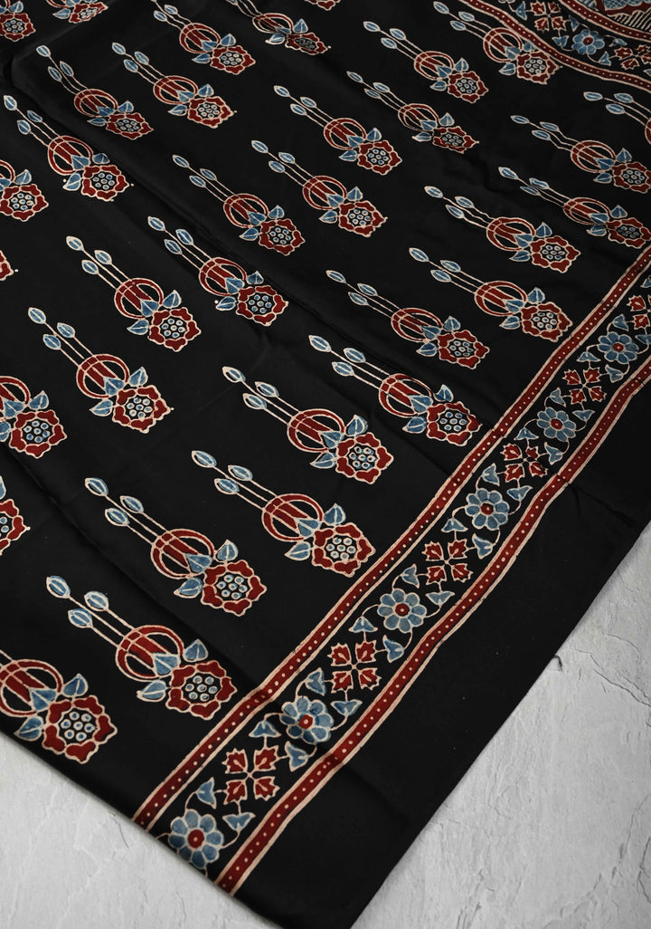 Black Modal Silk Saree with Ajrakh Hand Block Print