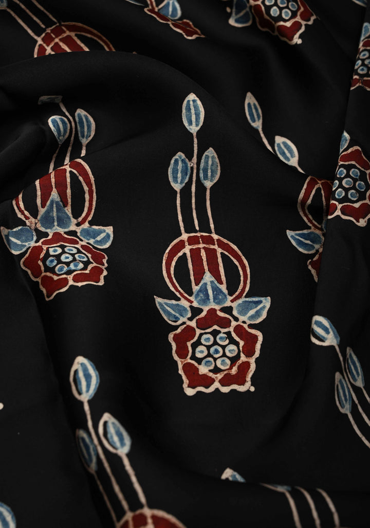 Black Modal Silk Saree with Ajrakh Hand Block Print