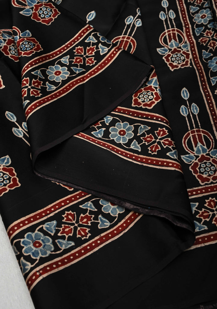 Black Modal Silk Saree with Ajrakh Hand Block Print