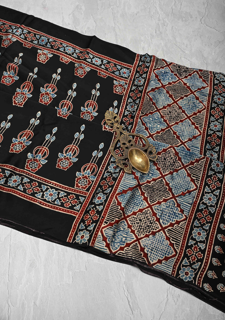 Black Modal Silk Saree with Ajrakh Hand Block Print