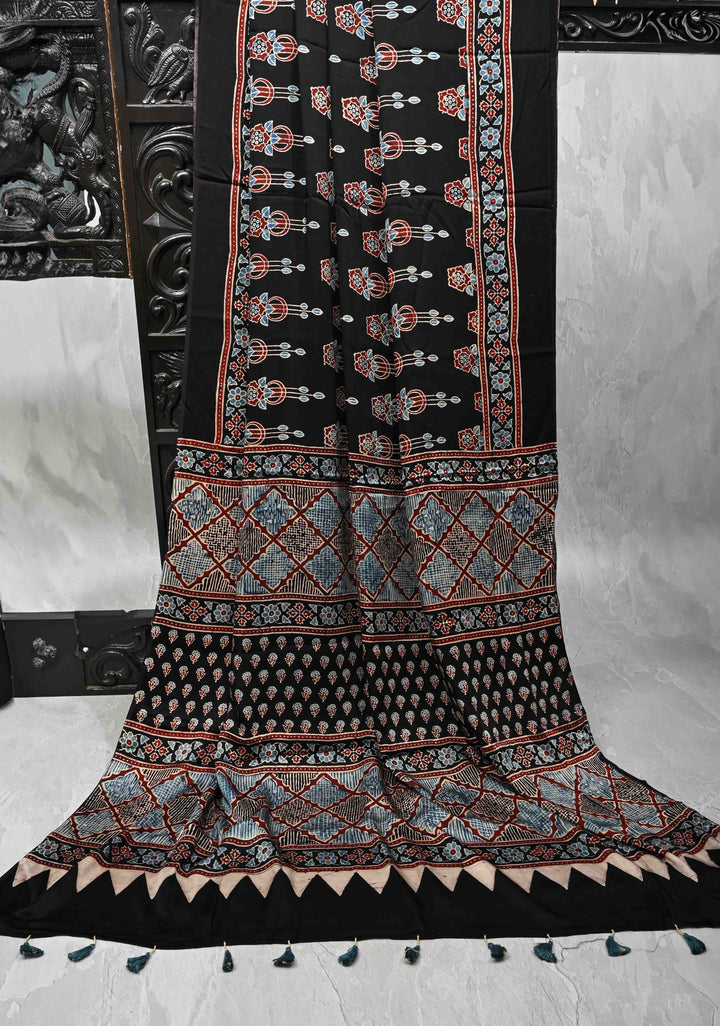 Black Modal Silk Saree with Ajrakh Hand Block Print