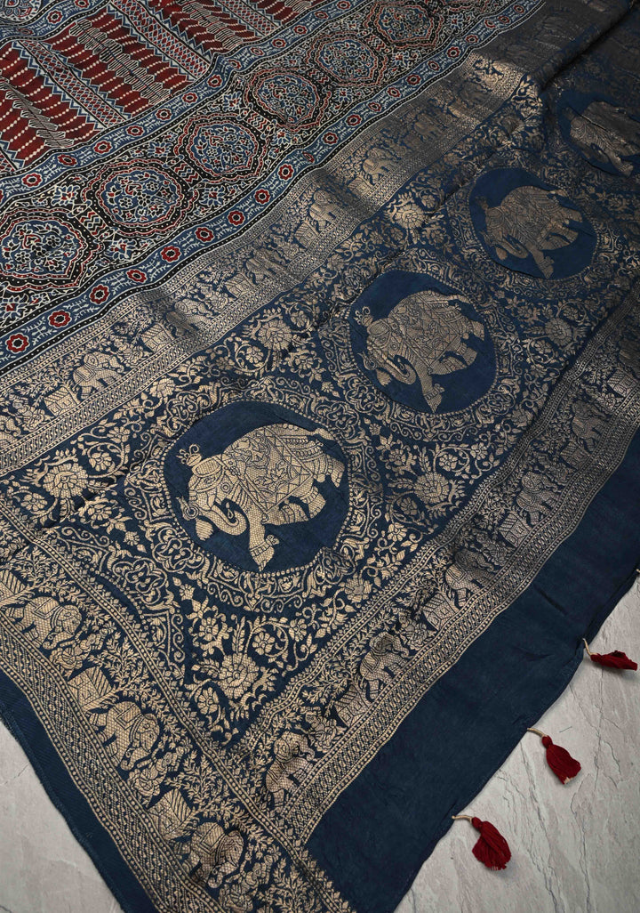 Indigo Ajrakh Hand Block Print on Dola Silk Saree with Fancy Zari Border