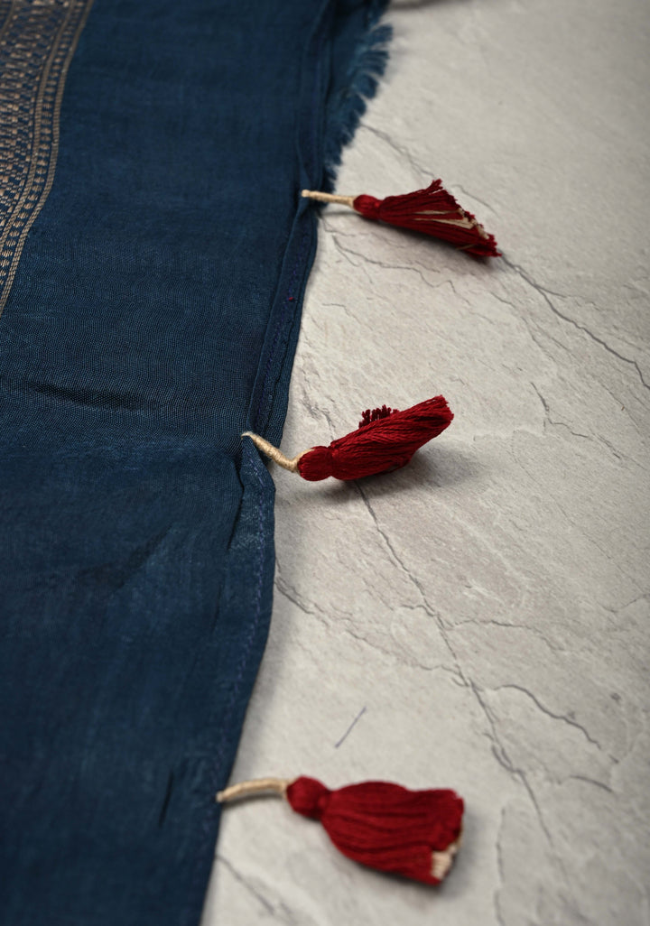 Indigo Ajrakh Hand Block Print on Dola Silk Saree with Fancy Zari Border