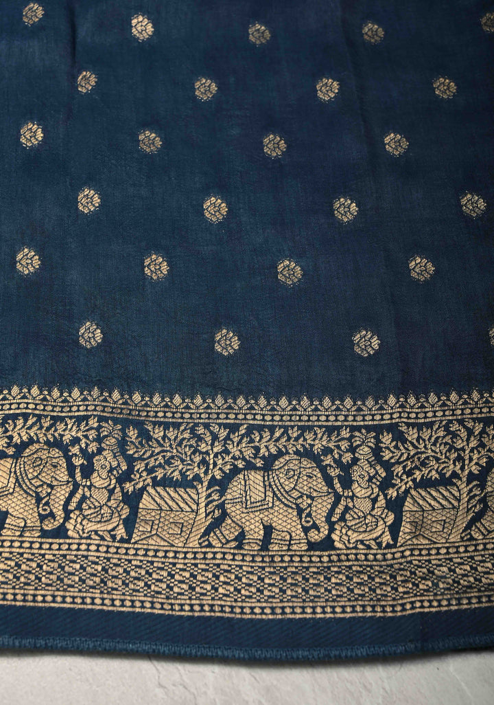 Indigo Ajrakh Hand Block Print on Dola Silk Saree with Fancy Zari Border