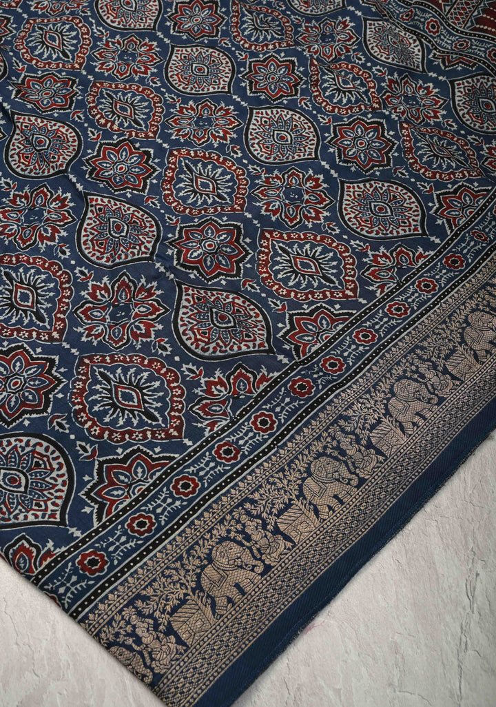 Indigo Ajrakh Hand Block Print on Dola Silk Saree with Fancy Zari Border