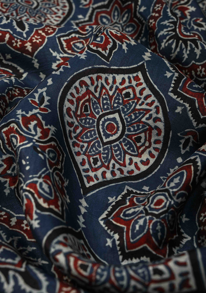 Indigo Ajrakh Hand Block Print on Dola Silk Saree with Fancy Zari Border