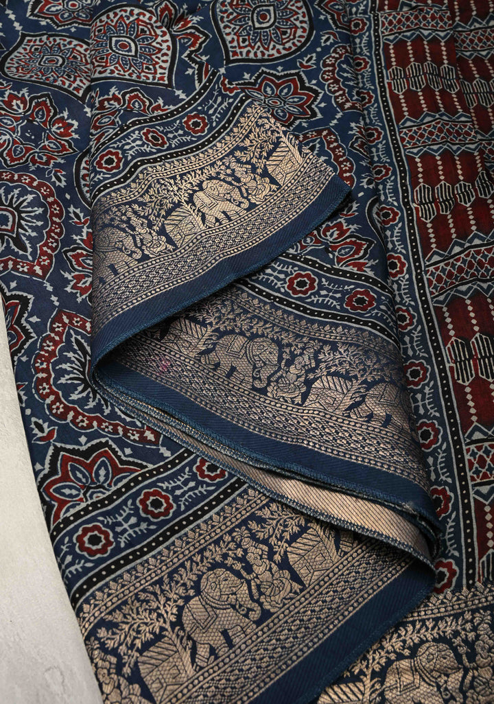 Indigo Ajrakh Hand Block Print on Dola Silk Saree with Fancy Zari Border