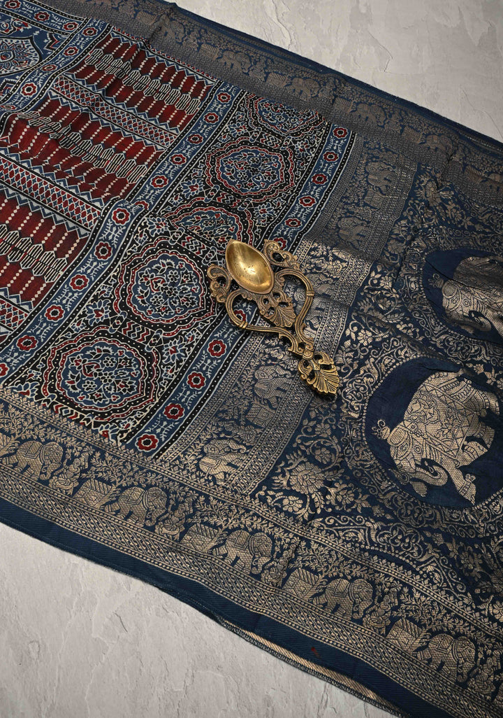 Indigo Ajrakh Hand Block Print on Dola Silk Saree with Fancy Zari Border