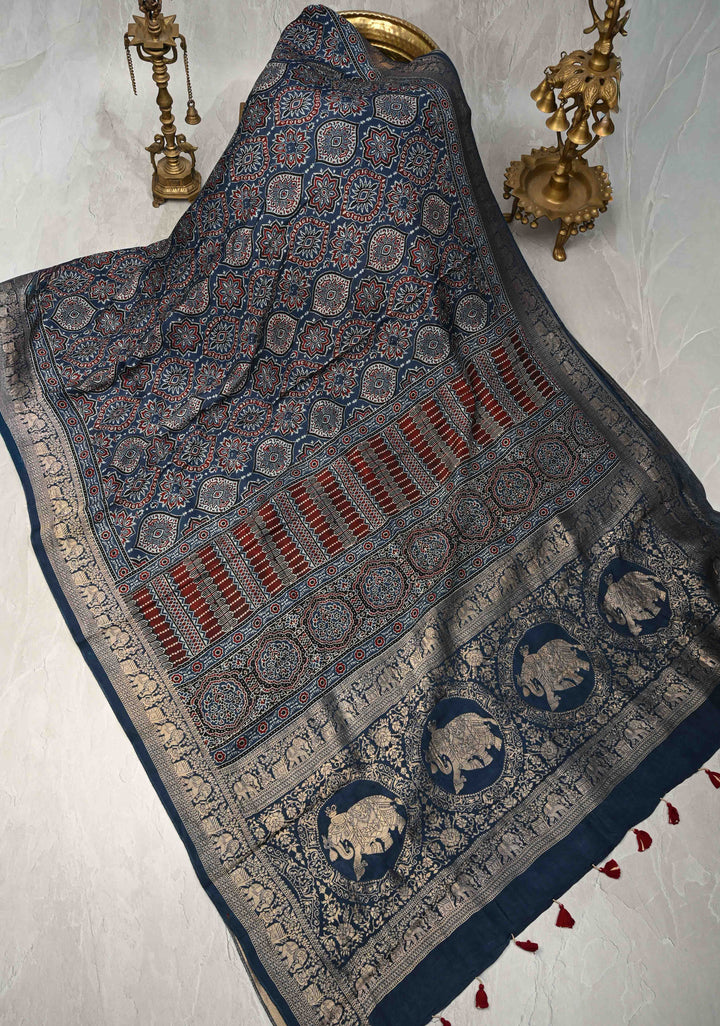 Indigo Ajrakh Hand Block Print on Dola Silk Saree with Fancy Zari Border