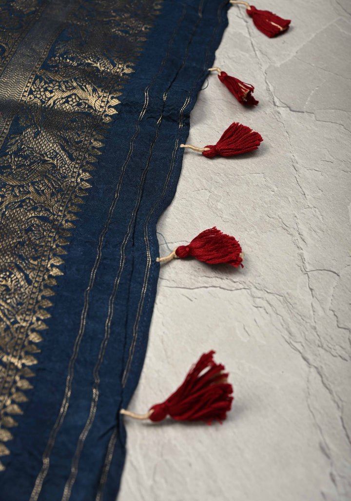 Indigo Ajrakh Hand Block Print on Dola Silk Saree with Fancy Zari Border