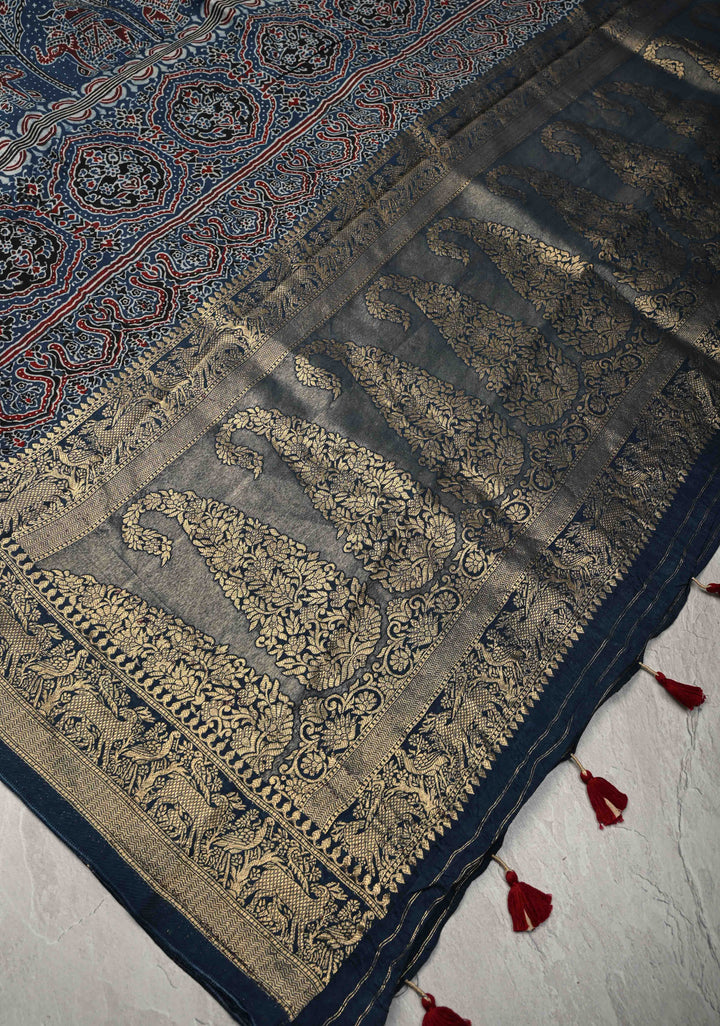 Indigo Ajrakh Hand Block Print on Dola Silk Saree with Fancy Zari Border