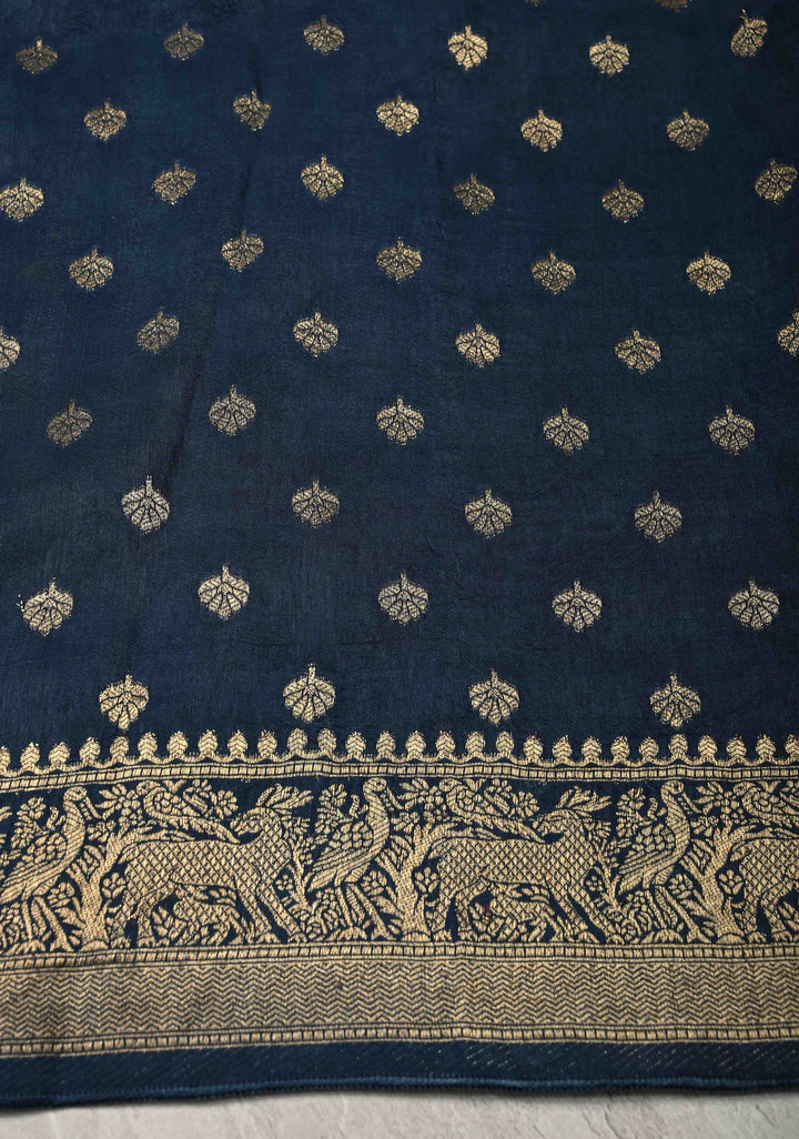 Indigo Ajrakh Hand Block Print on Dola Silk Saree with Fancy Zari Border