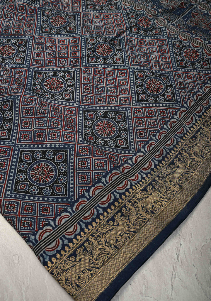 Indigo Ajrakh Hand Block Print on Dola Silk Saree with Fancy Zari Border