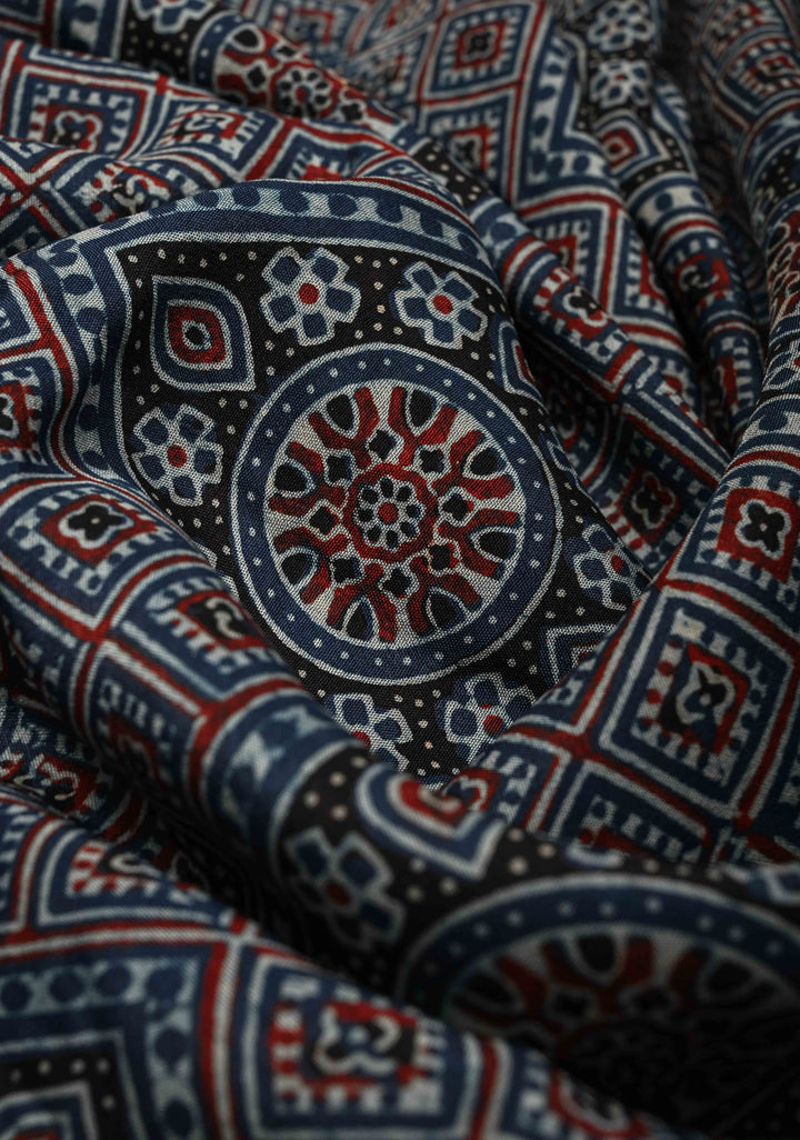 Indigo Ajrakh Hand Block Print on Dola Silk Saree with Fancy Zari Border