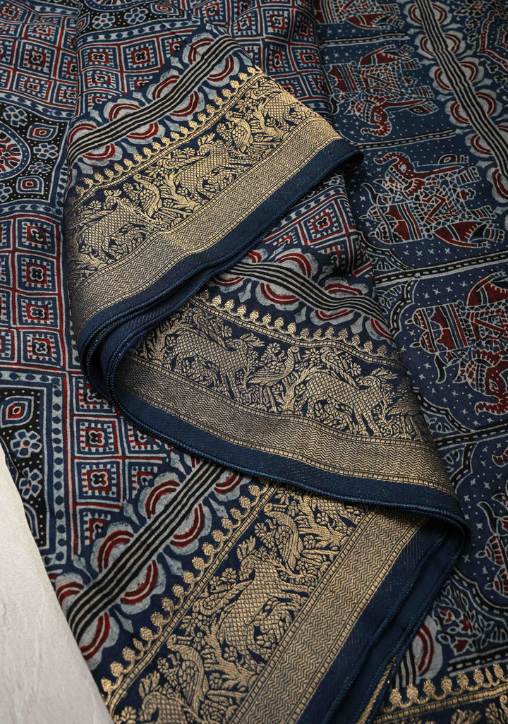 Indigo Ajrakh Hand Block Print on Dola Silk Saree with Fancy Zari Border