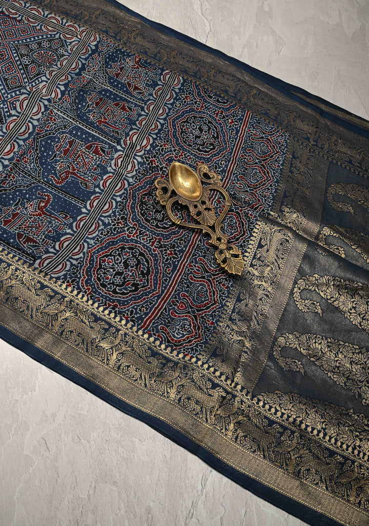 Indigo Ajrakh Hand Block Print on Dola Silk Saree with Fancy Zari Border
