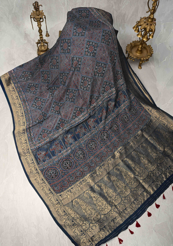 Indigo Ajrakh Hand Block Print on Dola Silk Saree with Fancy Zari Border