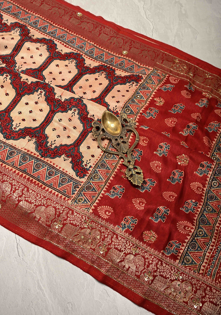 Red Ajrakh Hand Block Print on Dola Silk Saree with Cutdana-Sequins and Mirror Work Hand embroidery
